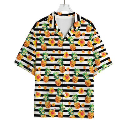Pineapple And Hibiscus Striped Print Rayon Hawaiian Shirt