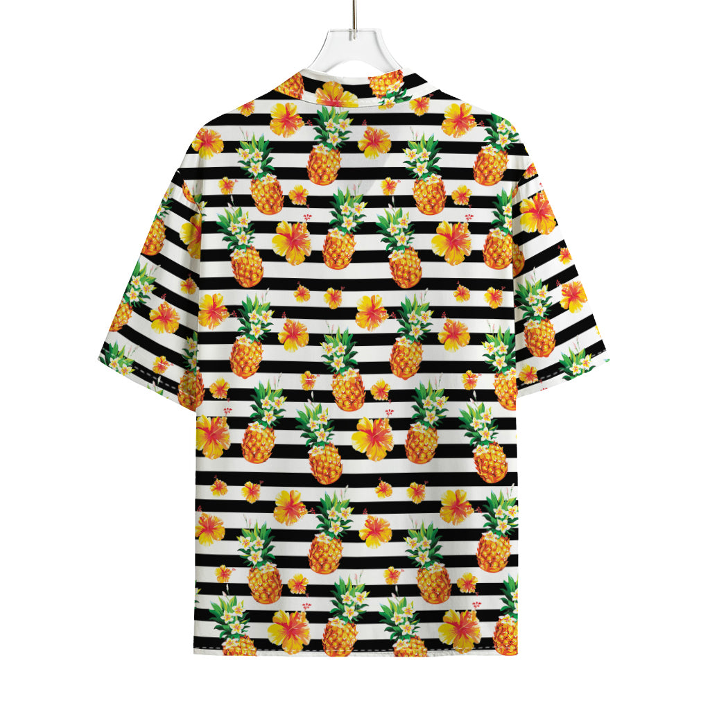 Pineapple And Hibiscus Striped Print Rayon Hawaiian Shirt