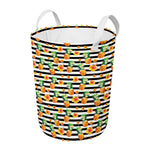 Pineapple And Hibiscus Striped Print Round Laundry Basket
