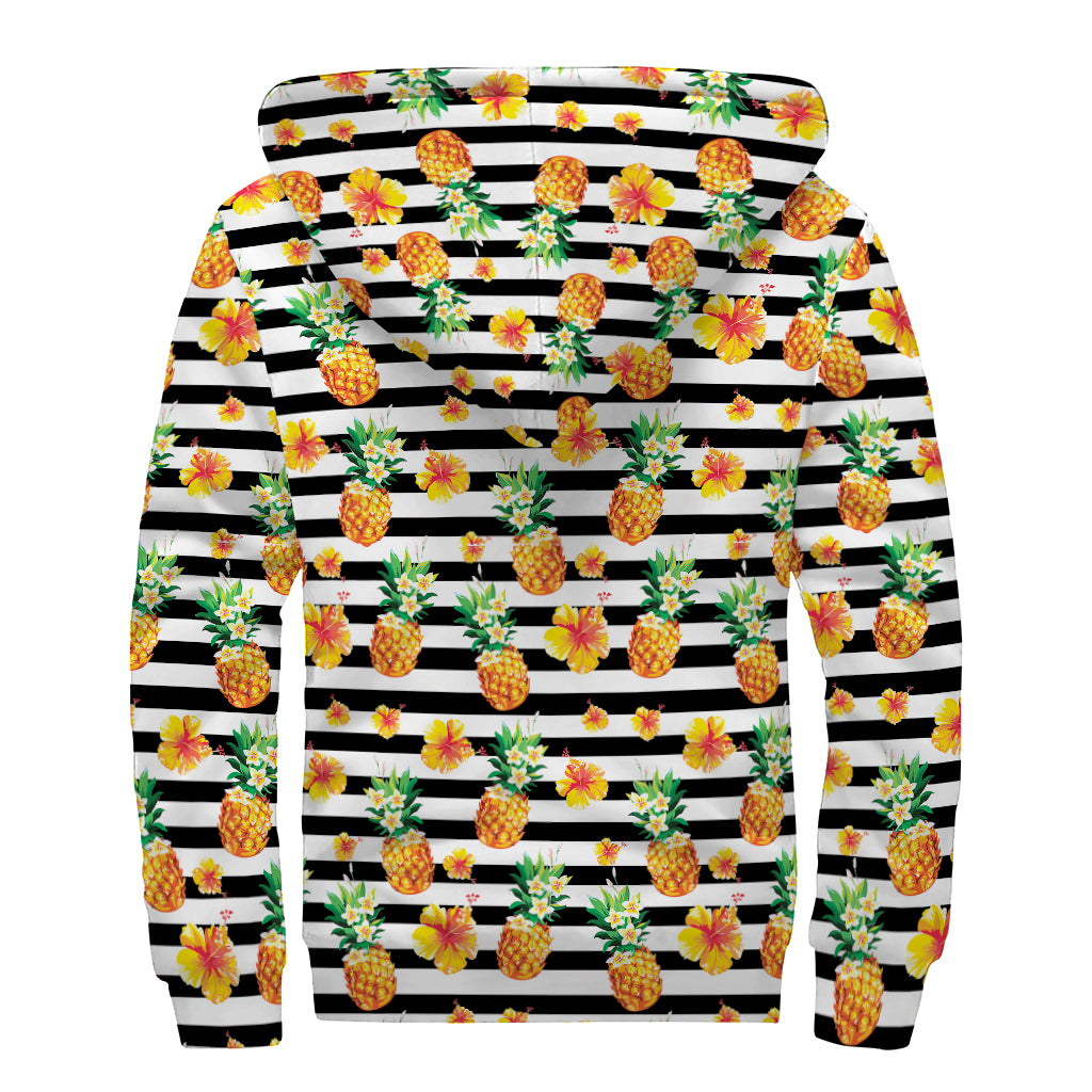 Pineapple And Hibiscus Striped Print Sherpa Lined Zip Up Hoodie