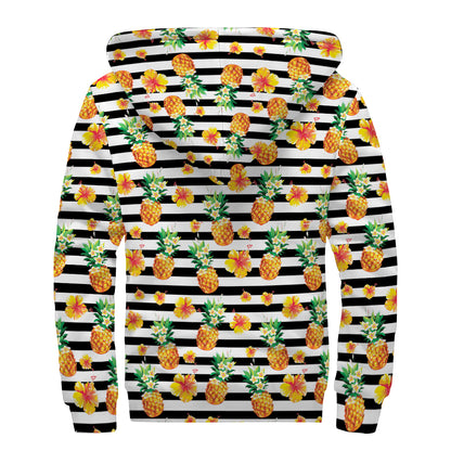 Pineapple And Hibiscus Striped Print Sherpa Lined Zip Up Hoodie