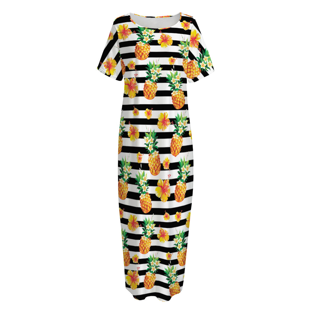 Pineapple And Hibiscus Striped Print Short Sleeve Long Nightdress