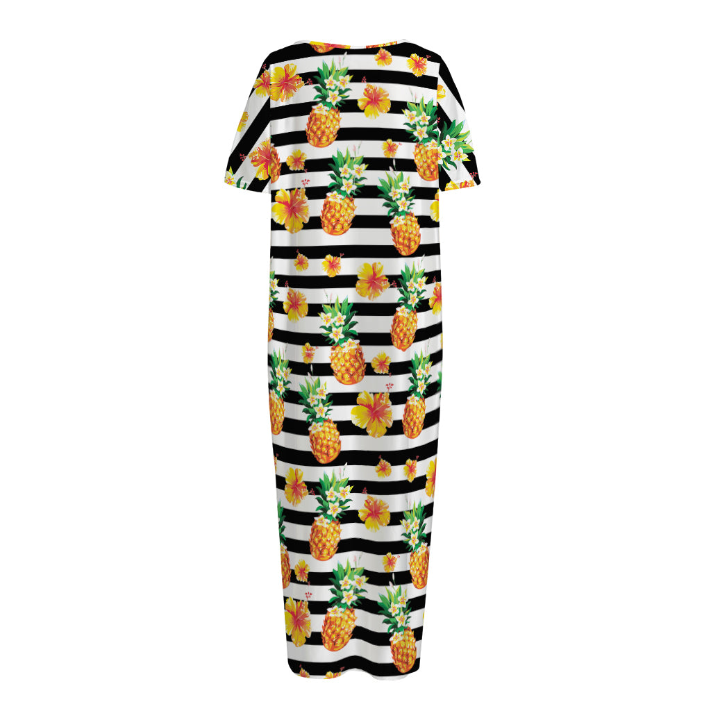 Pineapple And Hibiscus Striped Print Short Sleeve Long Nightdress
