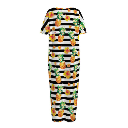 Pineapple And Hibiscus Striped Print Short Sleeve Long Nightdress
