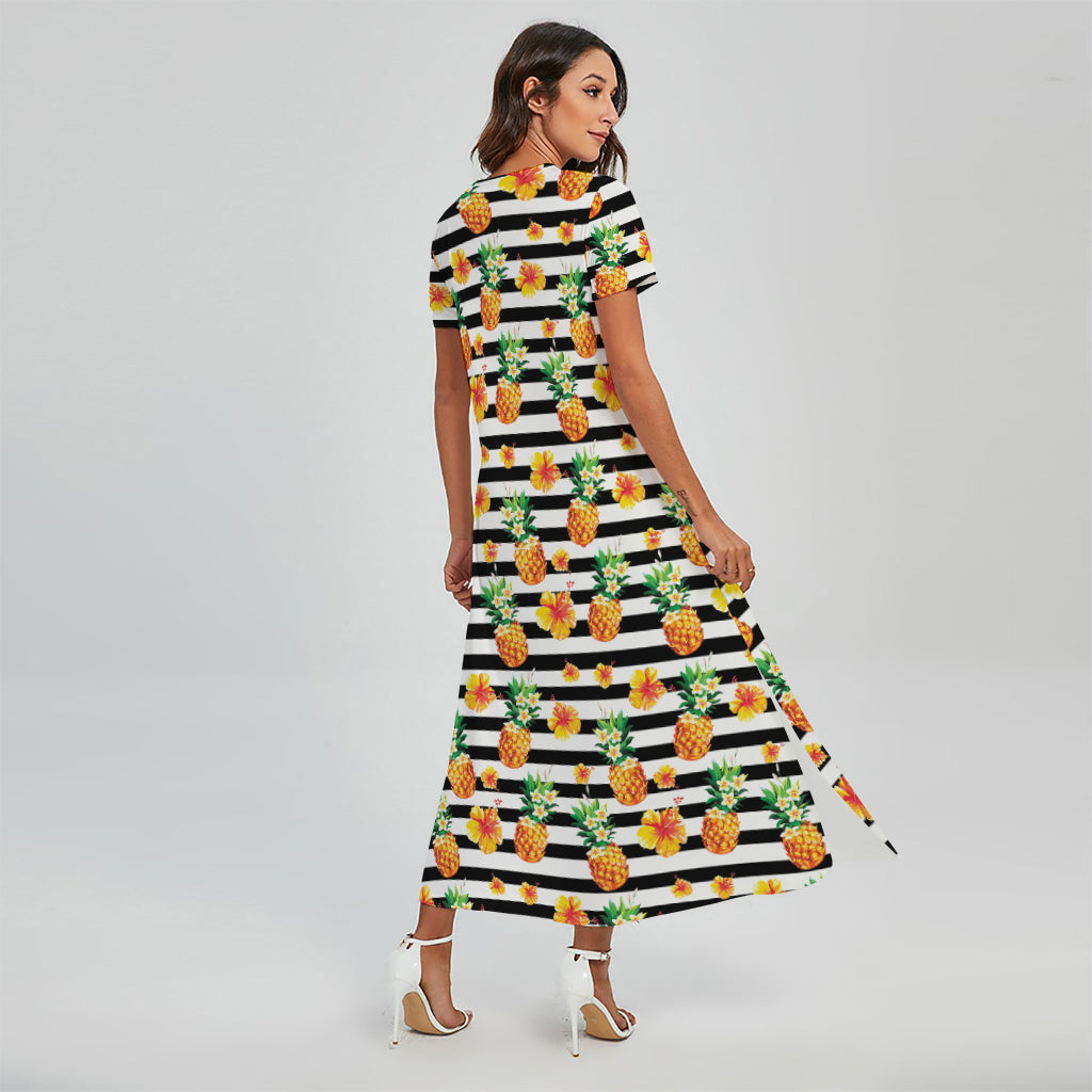 Pineapple And Hibiscus Striped Print Short Sleeve Maxi Dress