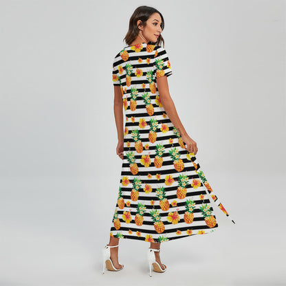 Pineapple And Hibiscus Striped Print Short Sleeve Maxi Dress