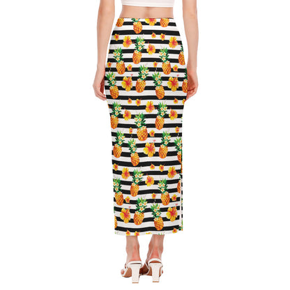 Pineapple And Hibiscus Striped Print Side Slit Maxi Skirt