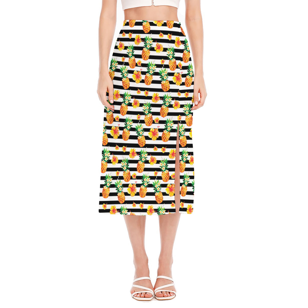 Pineapple And Hibiscus Striped Print Side Slit Midi Skirt