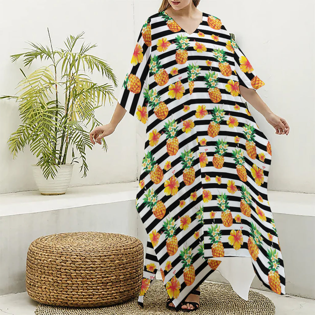 Pineapple And Hibiscus Striped Print Silk V-Neck Kaftan Dress