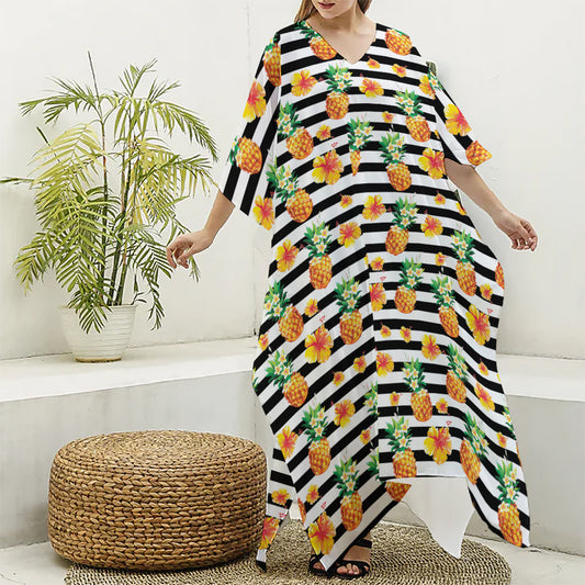 Pineapple And Hibiscus Striped Print Silk V-Neck Kaftan Dress