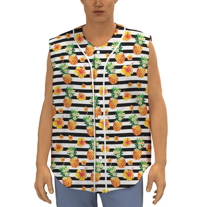 Pineapple And Hibiscus Striped Print Sleeveless Baseball Jersey