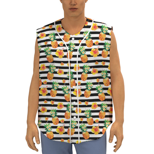 Pineapple And Hibiscus Striped Print Sleeveless Baseball Jersey