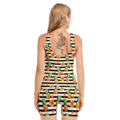 Pineapple And Hibiscus Striped Print Sleeveless One Piece Swimsuit