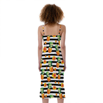 Pineapple And Hibiscus Striped Print Slim Fit Midi Cami Dress