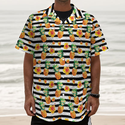 Pineapple And Hibiscus Striped Print Textured Short Sleeve Shirt
