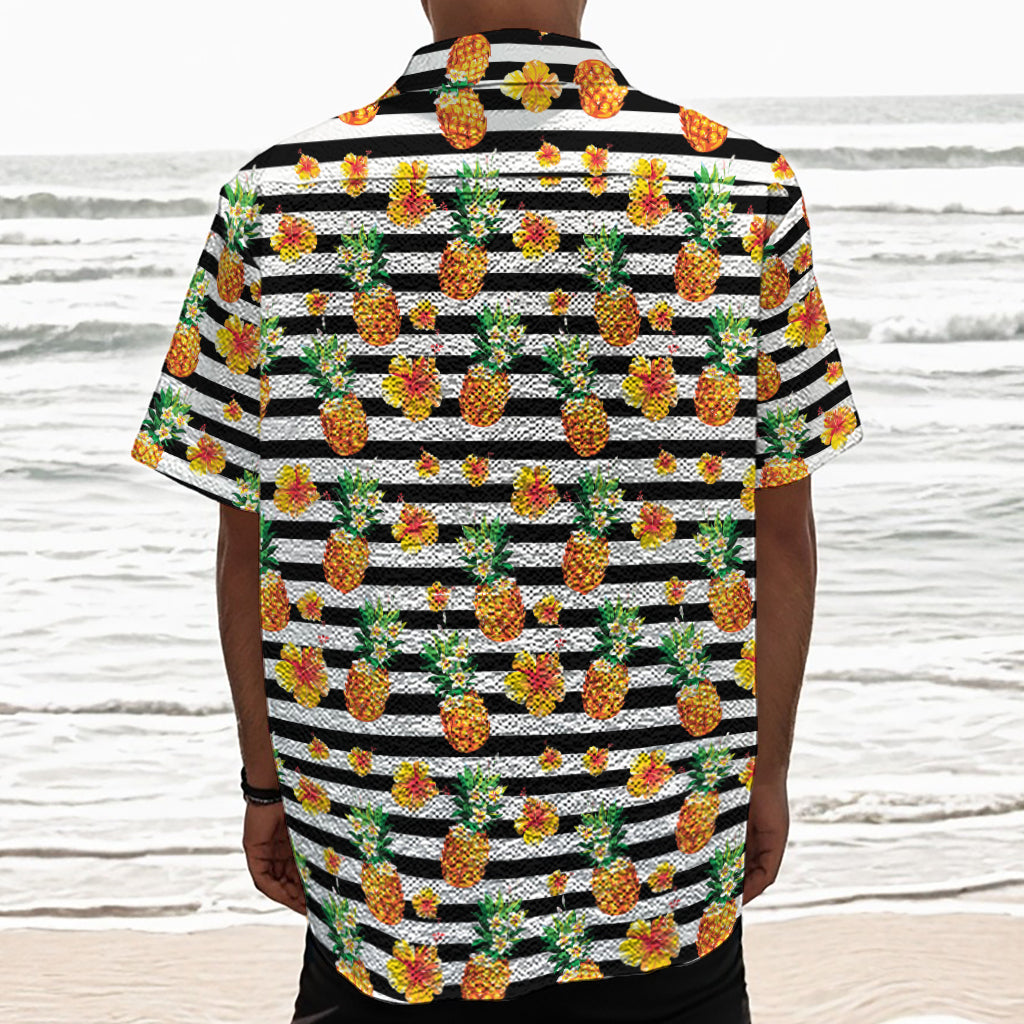 Pineapple And Hibiscus Striped Print Textured Short Sleeve Shirt