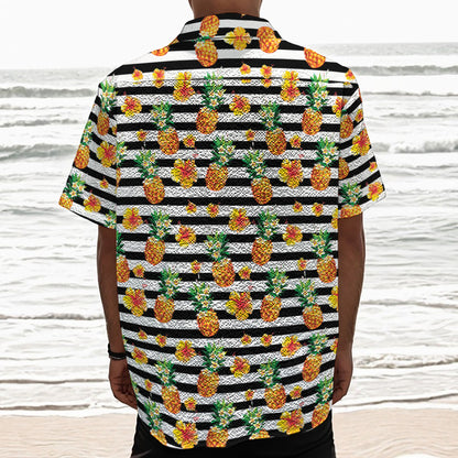 Pineapple And Hibiscus Striped Print Textured Short Sleeve Shirt