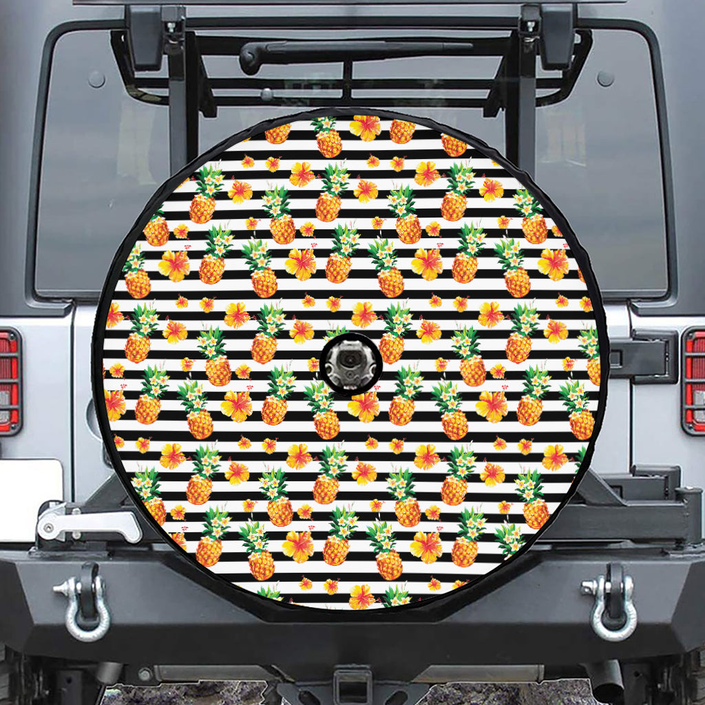 Pineapple And Hibiscus Striped Print Tire Cover With Camera Hole