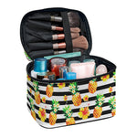 Pineapple And Hibiscus Striped Print Travel Makeup Bag