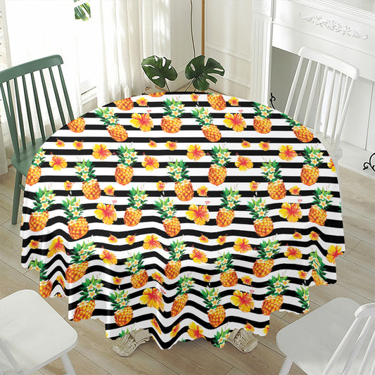 Pineapple And Hibiscus Striped Print Waterproof Round Tablecloth