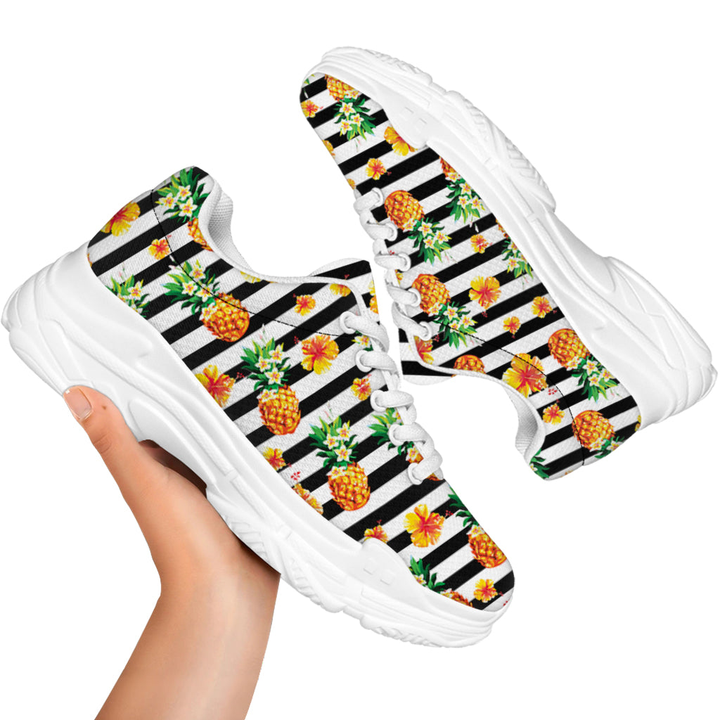 Pineapple And Hibiscus Striped Print White Chunky Shoes