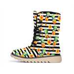 Pineapple And Hibiscus Striped Print Winter Boots
