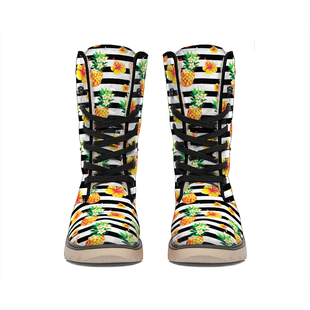 Pineapple And Hibiscus Striped Print Winter Boots