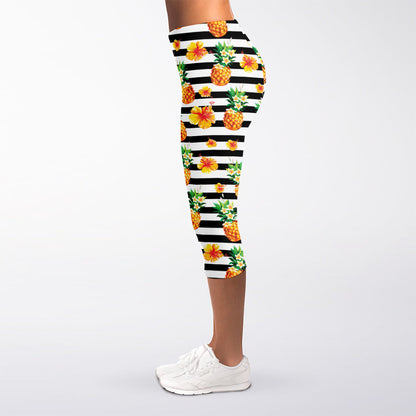 Pineapple And Hibiscus Striped Print Women's Capri Leggings