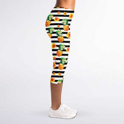 Pineapple And Hibiscus Striped Print Women's Capri Leggings