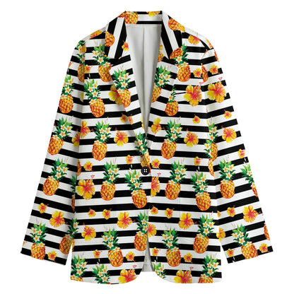 Pineapple And Hibiscus Striped Print Women's Cotton Blazer