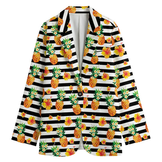 Pineapple And Hibiscus Striped Print Women's Cotton Blazer