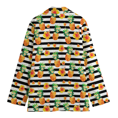 Pineapple And Hibiscus Striped Print Women's Cotton Blazer