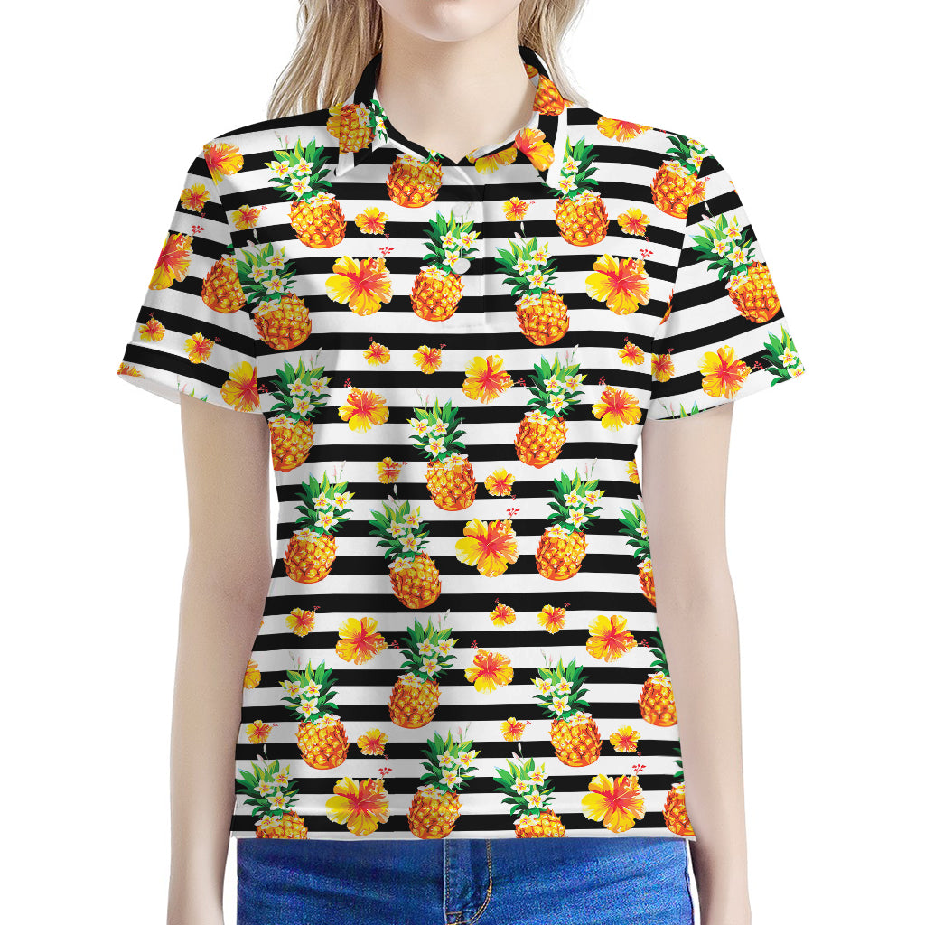 Pineapple And Hibiscus Striped Print Women's Polo Shirt