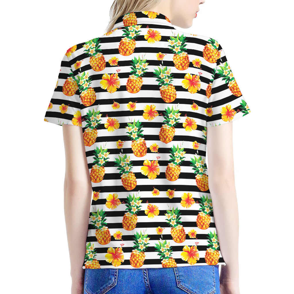 Pineapple And Hibiscus Striped Print Women's Polo Shirt