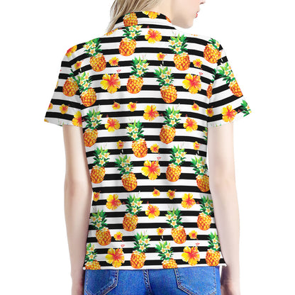 Pineapple And Hibiscus Striped Print Women's Polo Shirt