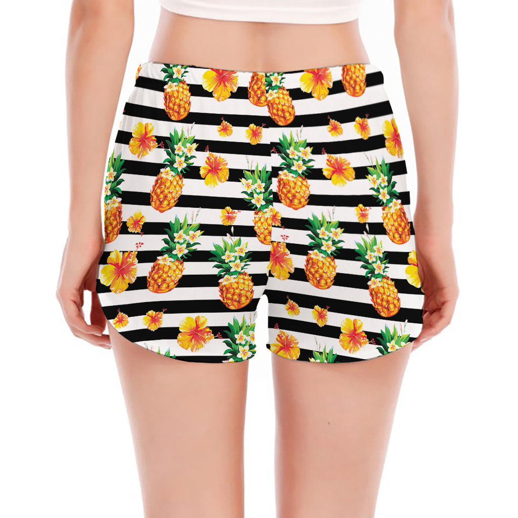 Pineapple And Hibiscus Striped Print Women's Split Running Shorts