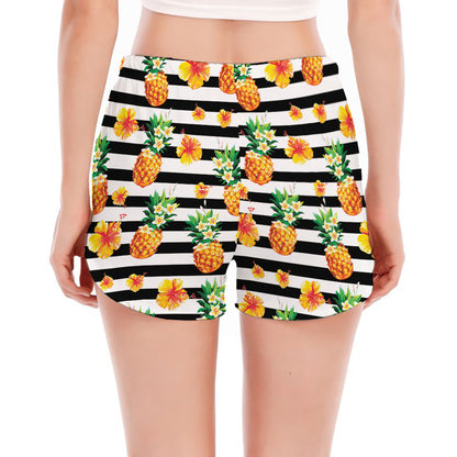 Pineapple And Hibiscus Striped Print Women's Split Running Shorts