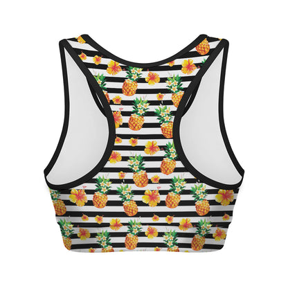 Pineapple And Hibiscus Striped Print Women's Sports Bra