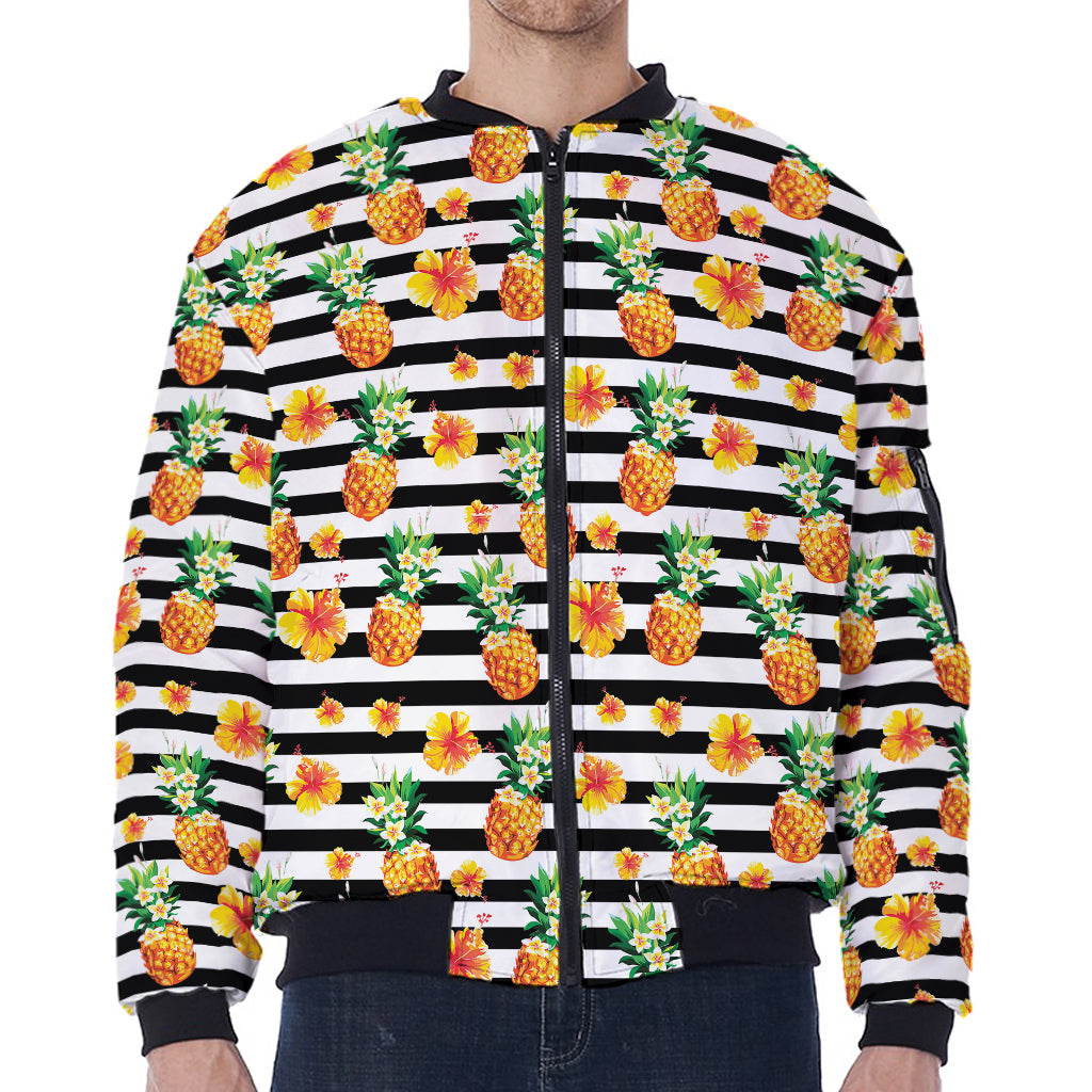 Pineapple And Hibiscus Striped Print Zip Sleeve Bomber Jacket