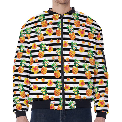 Pineapple And Hibiscus Striped Print Zip Sleeve Bomber Jacket