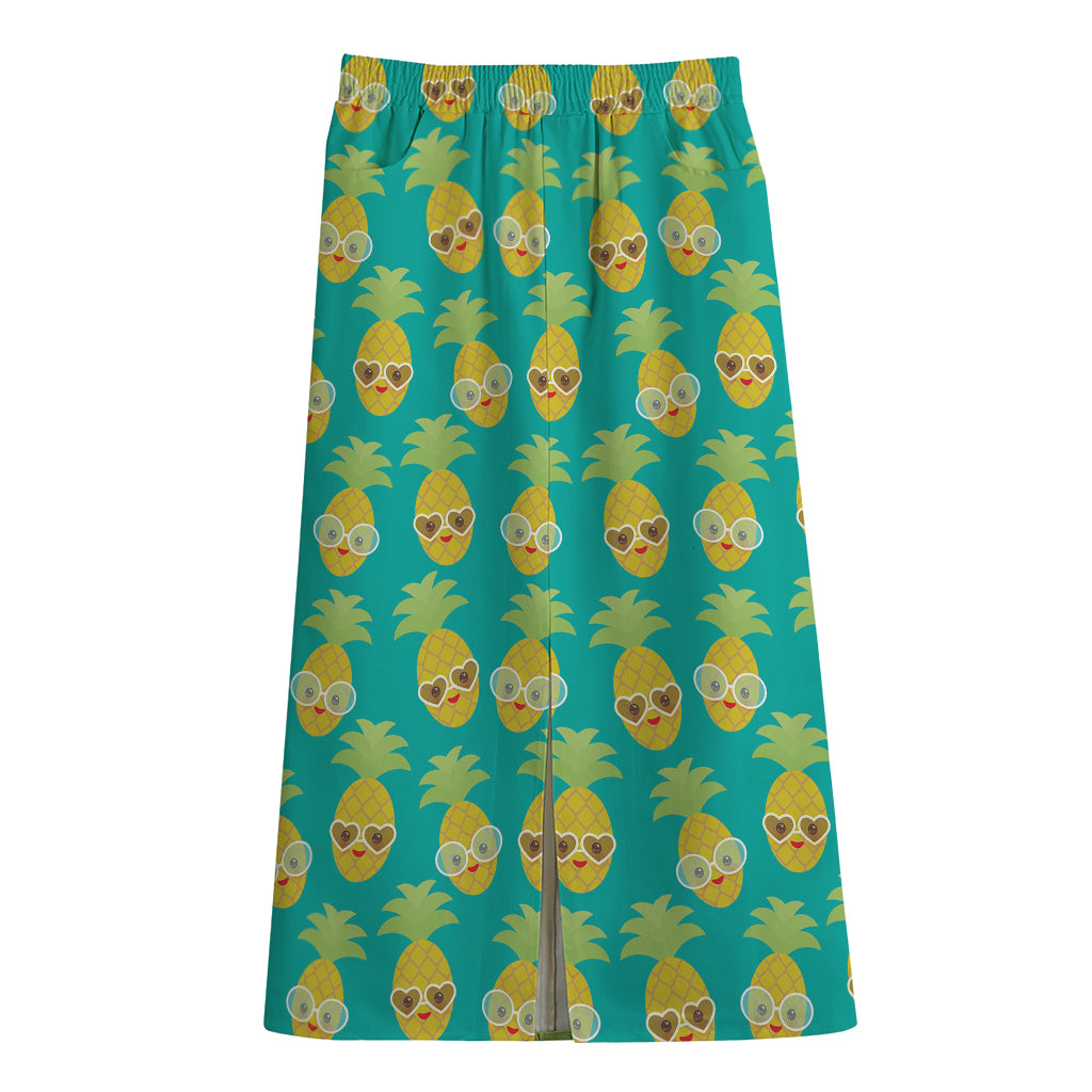 Pineapple Emoji Pattern Print Cotton Front Slit Maxi Skirt