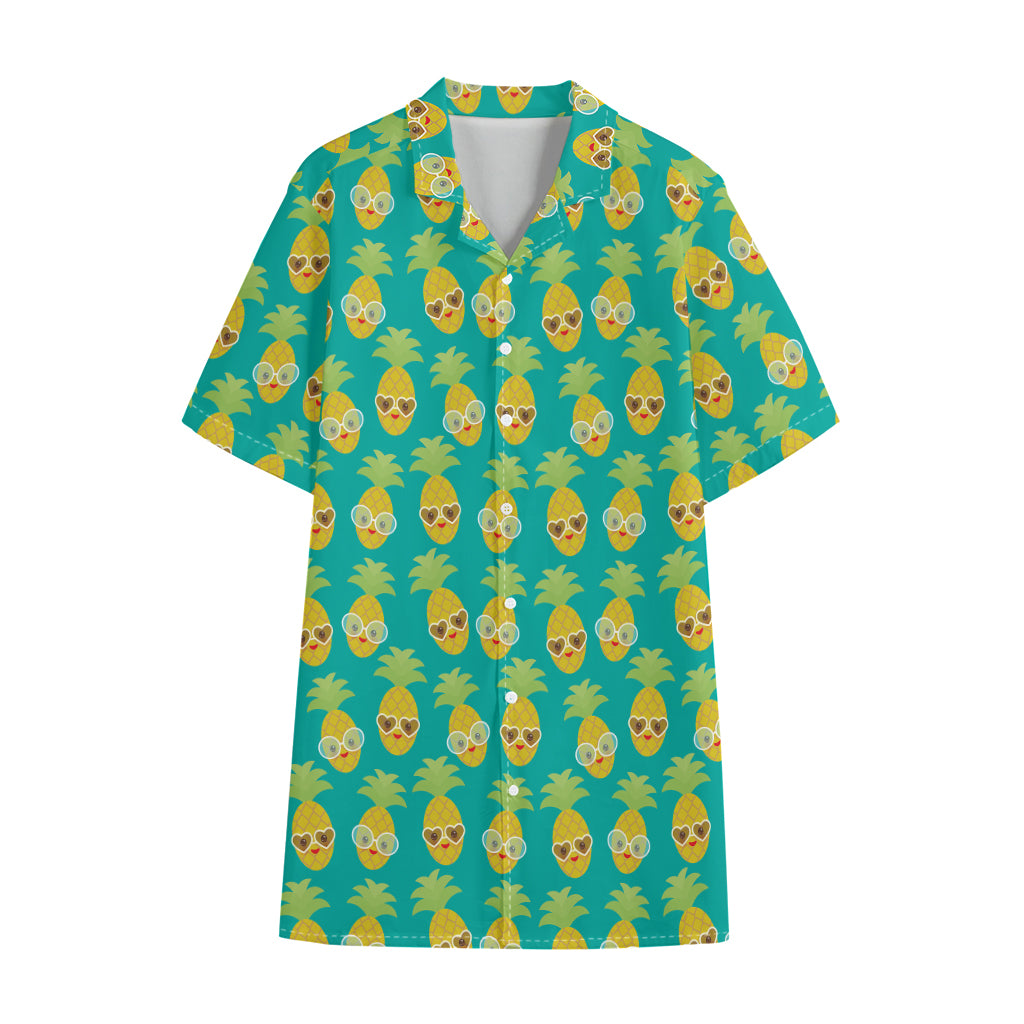 Pineapple Emoji Pattern Print Cotton Hawaiian Shirt