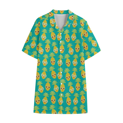 Pineapple Emoji Pattern Print Cotton Hawaiian Shirt