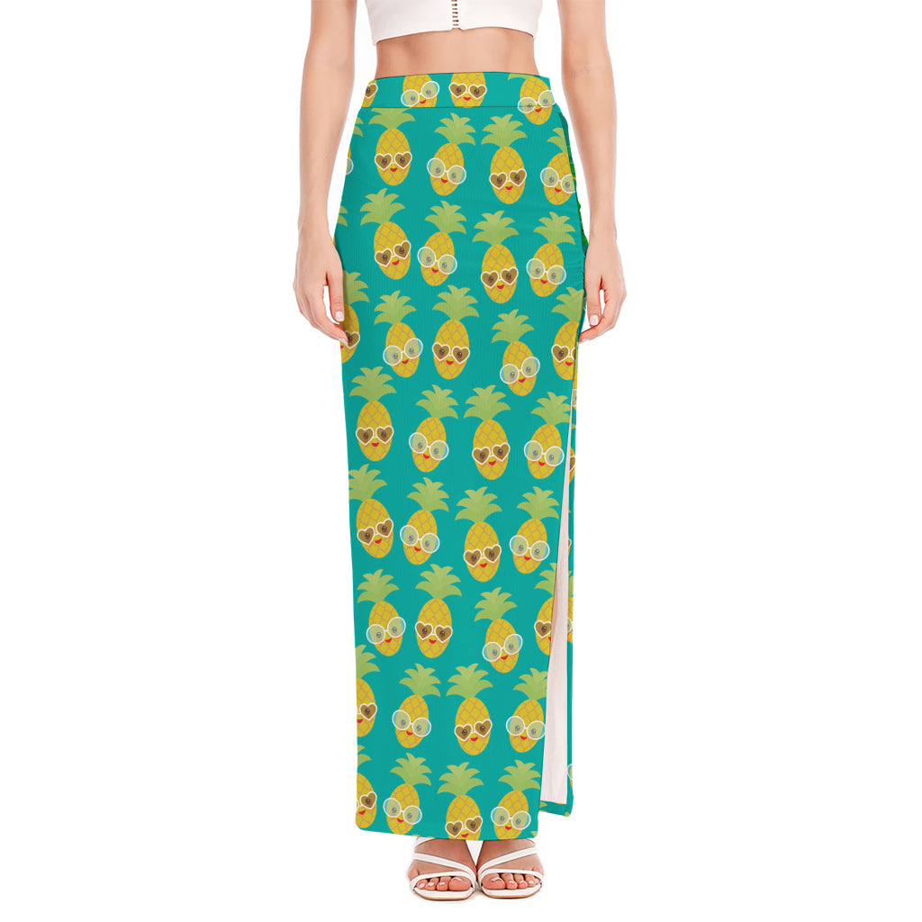 Pineapple Emoji Pattern Print High Slit Maxi Skirt