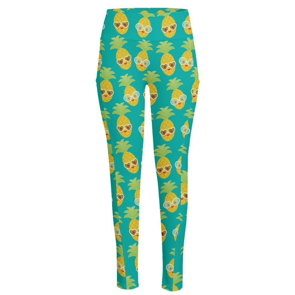 Pineapple Emoji Pattern Print High-Waisted Pocket Leggings