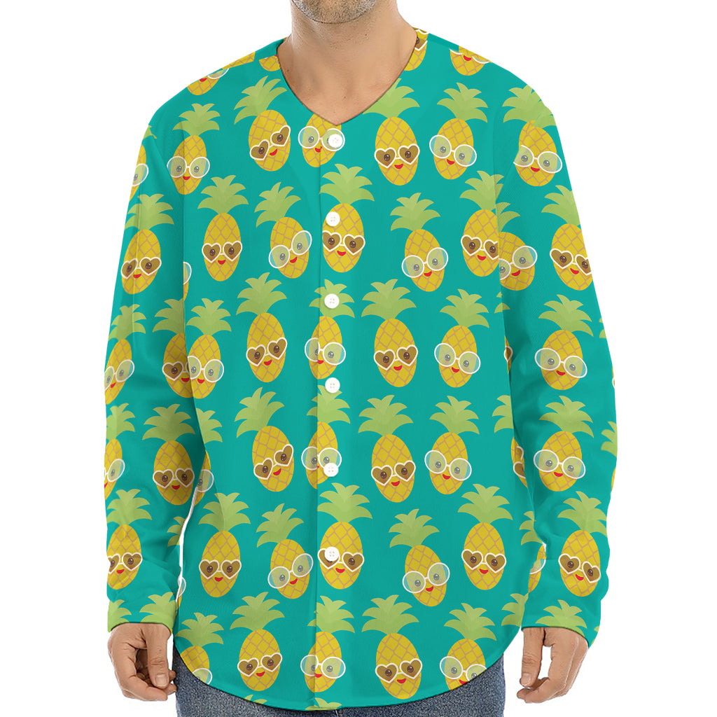 Pineapple Emoji Pattern Print Long Sleeve Baseball Jersey