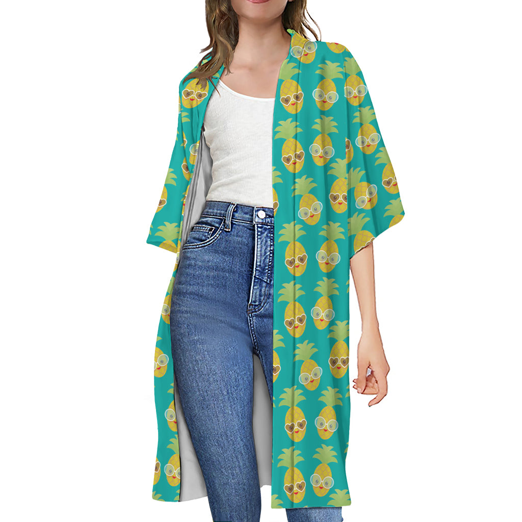 Pineapple Emoji Pattern Print Open Front Beach Cover Up