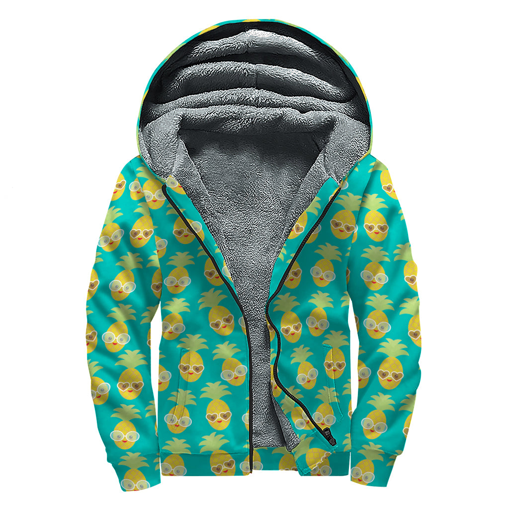 Pineapple Emoji Pattern Print Sherpa Lined Zip Up Hoodie