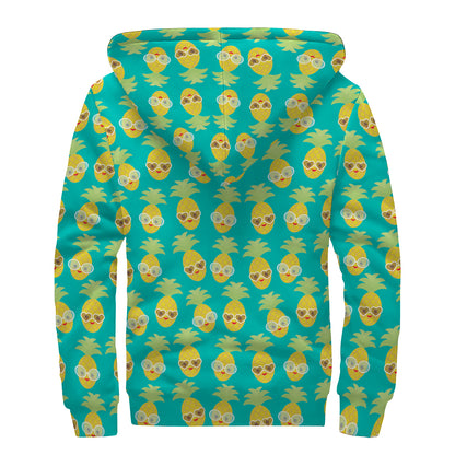 Pineapple Emoji Pattern Print Sherpa Lined Zip Up Hoodie
