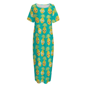 Pineapple Emoji Pattern Print Short Sleeve Long Nightdress